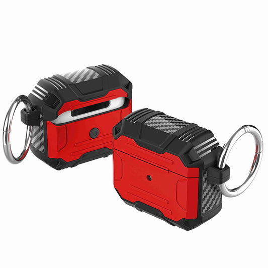 For Apple Airpods 4 Rugged ShockProof Hybrid With Metal Hook Carabiner Heavy Duty Armor Carbon Fiber PC Case Cover