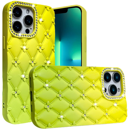 For Apple iPhone 16 Pro (6.3") Fashion Flower Design Sparkle Glitter Shimmer Rhinestone Bling Leather Feel Thick TPU Rubber Hard PC Case Cover