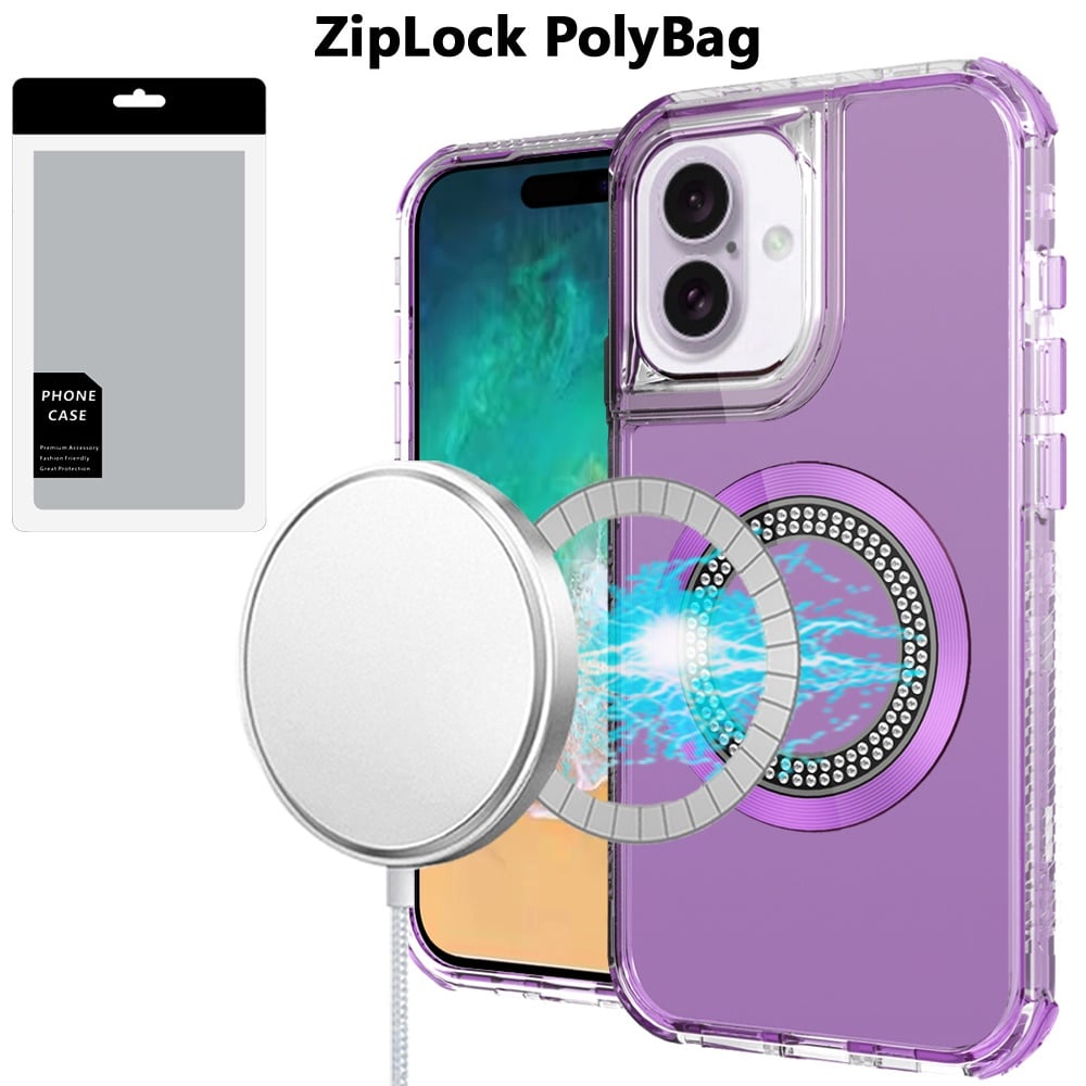 For Apple iPhone 16 Plus Magnetic Circle Compatible with Magsafe, Hybrid Chrome 3in1 Transparent Shockproof TPU Bumper Case Cover Purple