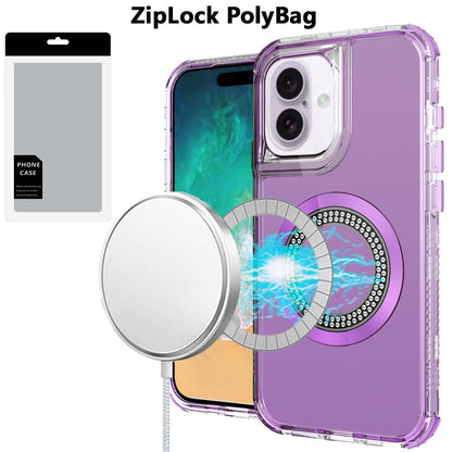 For Apple iPhone 16 Plus Magnetic Circle Compatible with Magsafe, Hybrid Chrome 3in1 Transparent Shockproof TPU Bumper Case Cover Purple