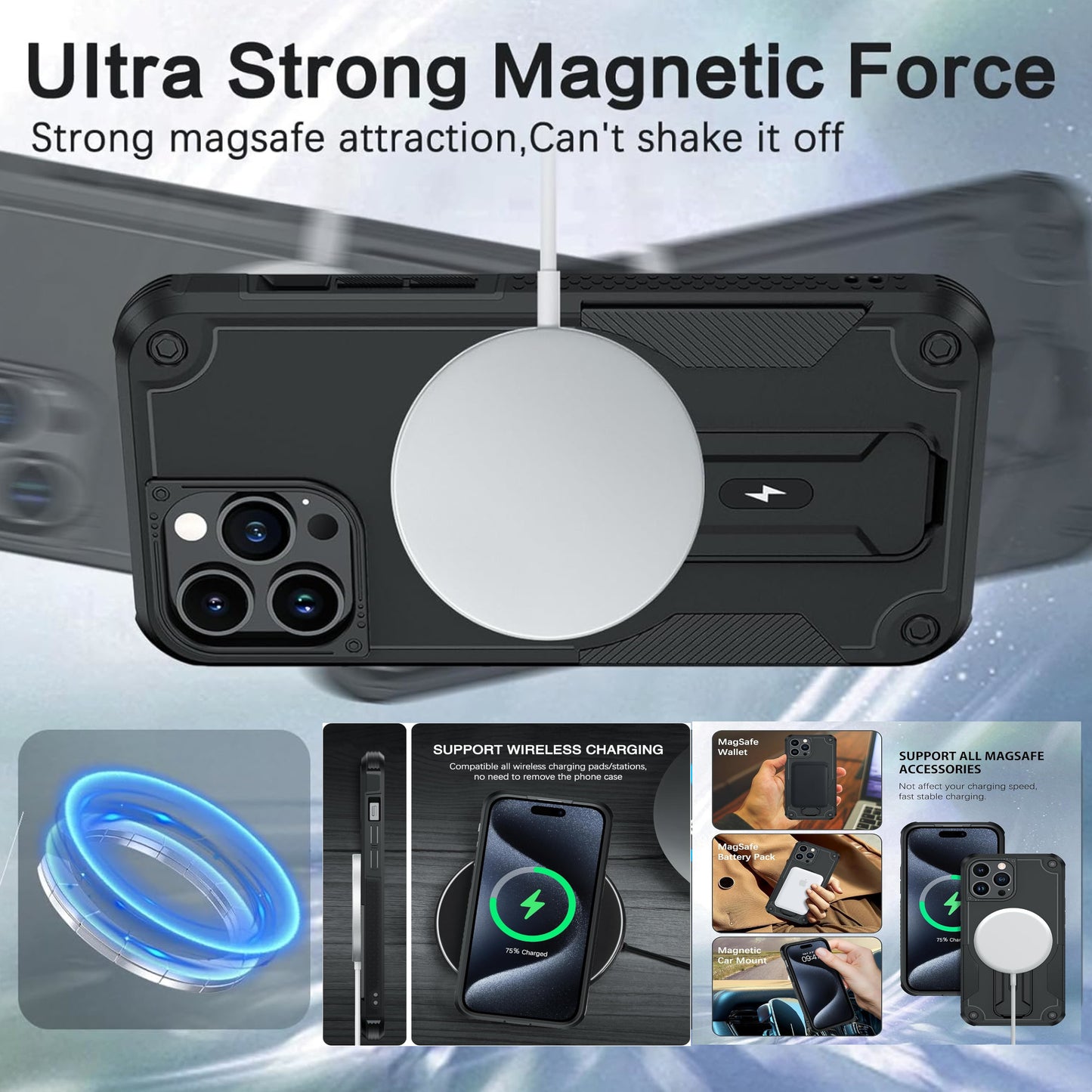 For Apple iPhone 16 Plus (6.7") Hybrid Tuff Case with Folding Stand Magnetic Holder Compatible with MagSafe [Military Shockproof] Case Cover