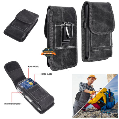 For Apple iPhone 16 (6.1") Universal Vertical Denim Fabric Case Holster with 2 Card Slots, Pen Holder, Belt Clip Loop & Hook Carrying Medium Phone Pouch [Black Denim]