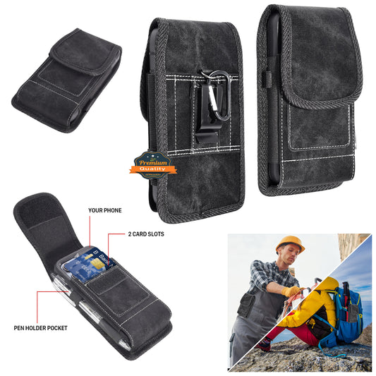 For Apple iPhone 16 (6.1") Universal Vertical Denim Fabric Case Holster with 2 Card Slots, Pen Holder, Belt Clip Loop & Hook Carrying Medium Phone Pouch [Black Denim]