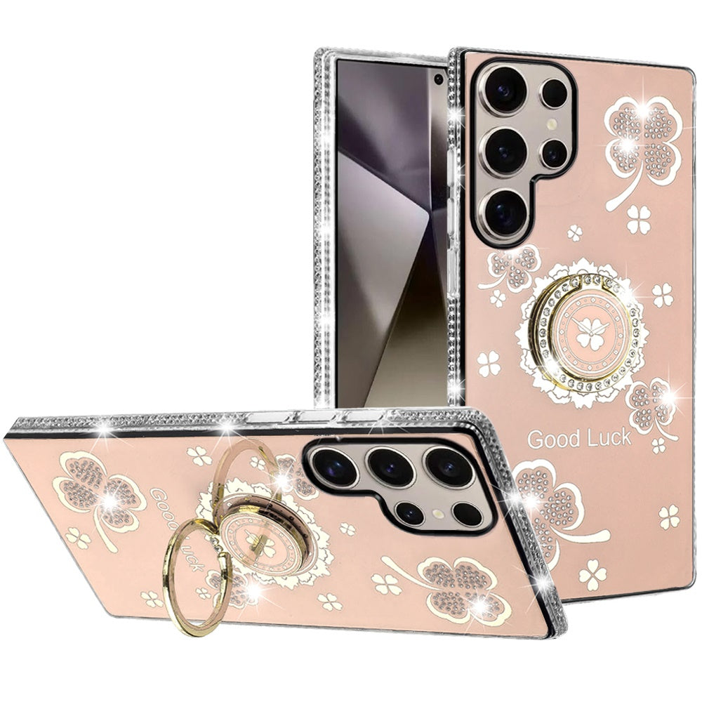 For Samsung Galaxy S25 Ultra Diamonds Bling All Around Edges Sparkly Glitter Hybrid with Ring Stand Holder Fashion Good Luck Case Cover Cosmic Orange