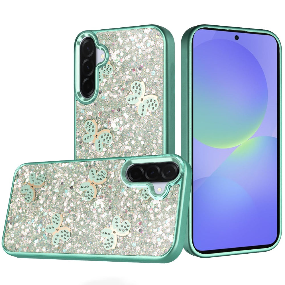 For Samsung Galaxy A36 Cute Butterfly Crystal Diamond Glitter Case Sparkle Bling Frame Metallic Edges, Shimmer TPU Hybrid Case Cover