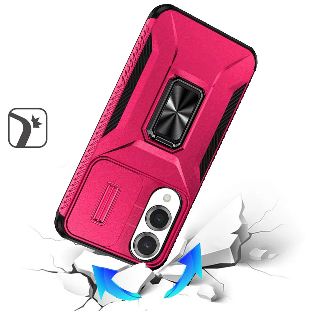For Samsung Galaxy S25 EDGE Case, Camera Cover with Magnetic Rotation Ring Stand, Military Grade Hybrid Hard TPU Shockproof Case Cover Hot Pink
