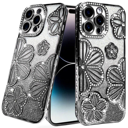 For iPhone 14 Pro Max (6.7") Luxury Flower Design Sparkle Glitter Diamond Rhinestone Shimmer Bling Plating Thick TPU Hard PC Case Cover