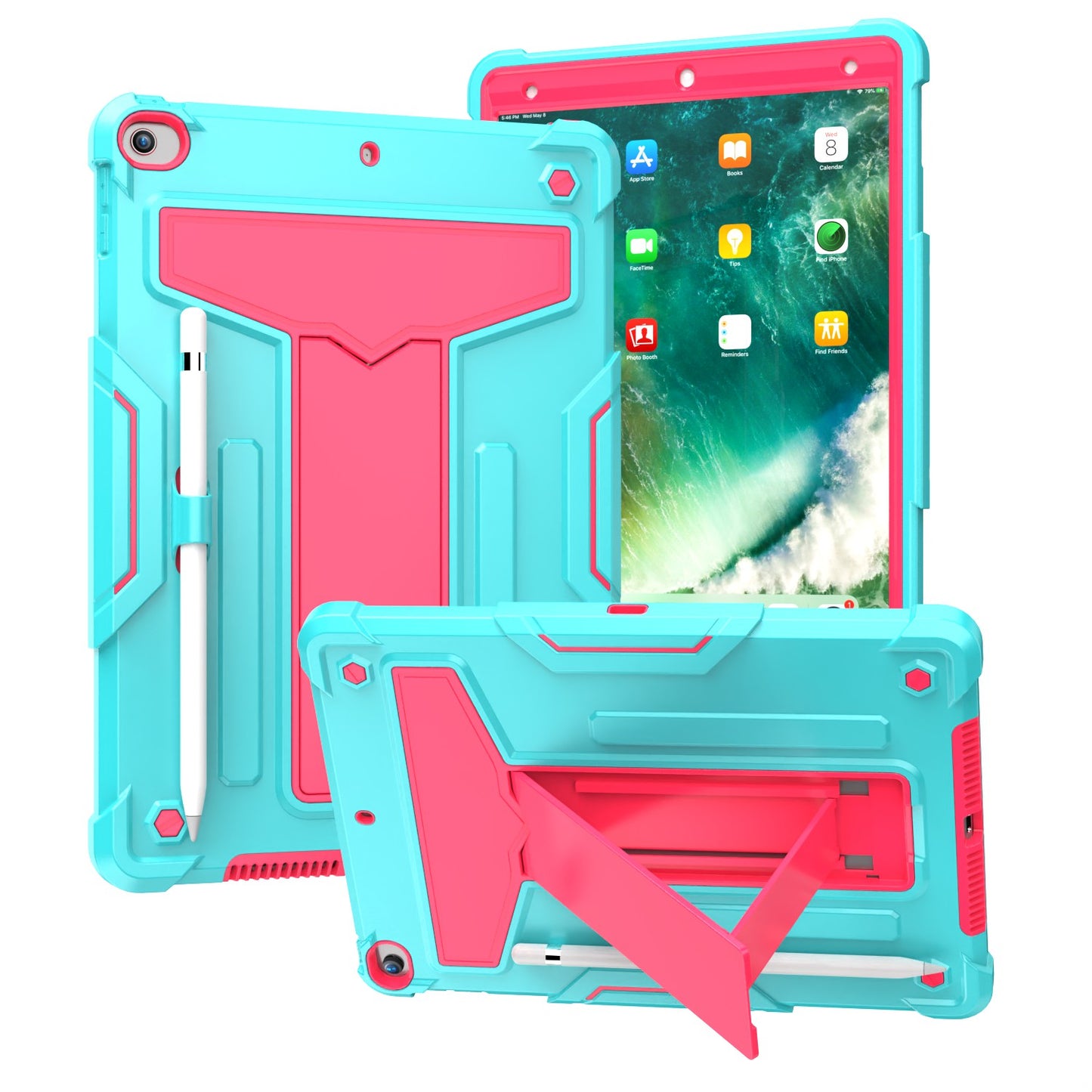 For Tough Hybrid with Vertical 3-in-1 Design, Built-in Kickstand, Shockproof Rugged Full Body with Grip Protection Teal Pink Tablet Case Cover