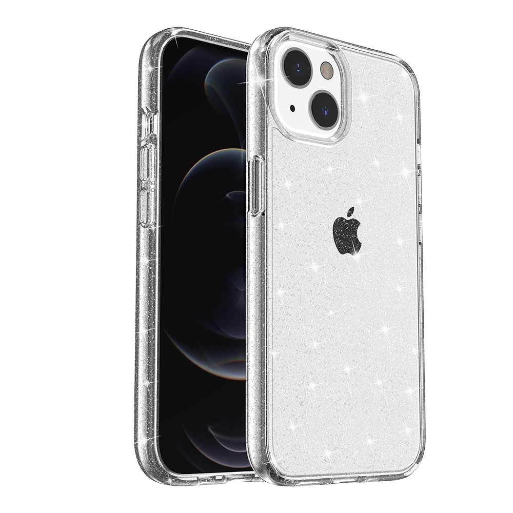 For iPhone 14 Pro Max (6.7") Transparent Glitter Shiny Sparkle Bling TPU Rubber Hard Back Hybrid Frame Shockproof Case Cover Clear
