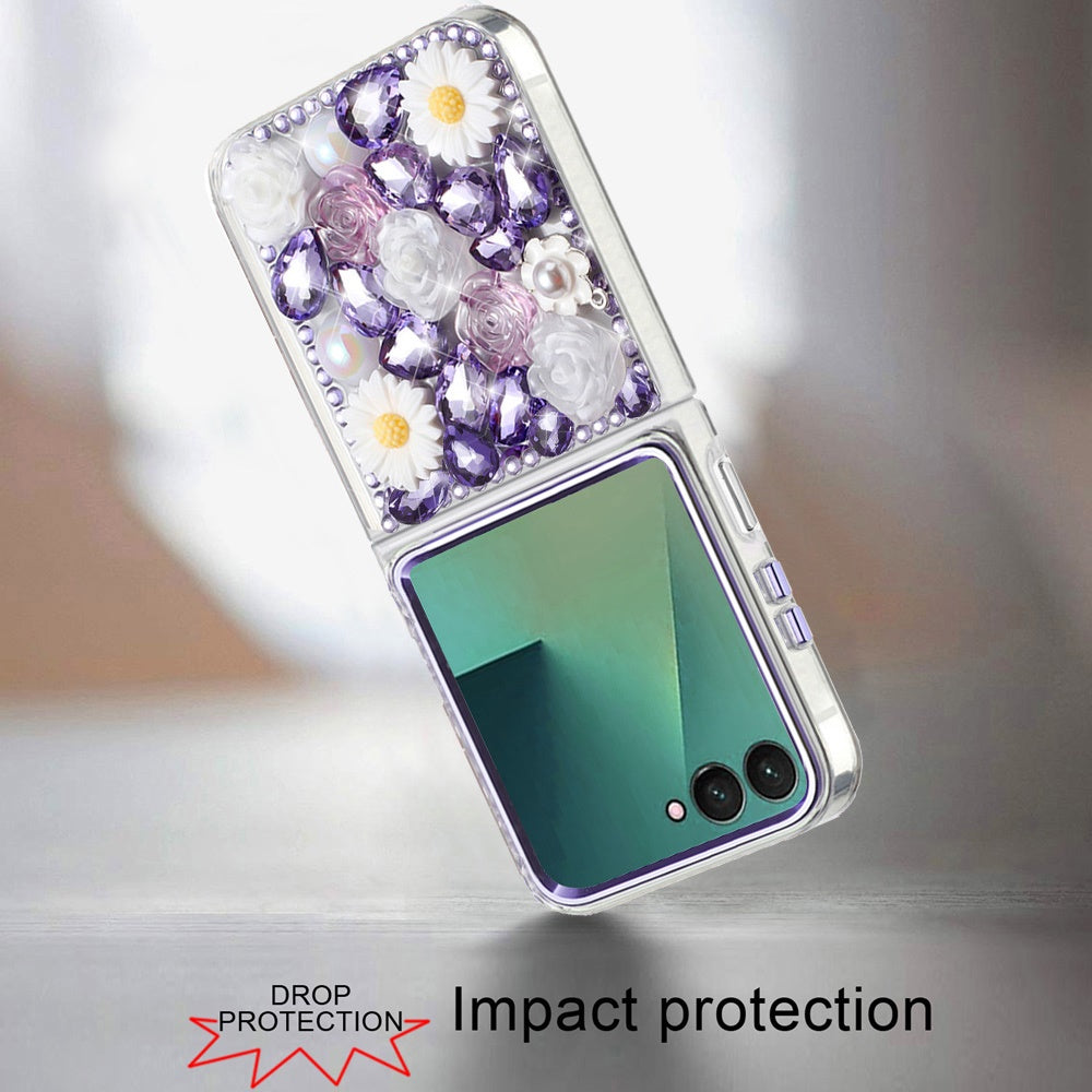 For Samsung Galaxy Z Flip 7 Fashion Daisy Floral Series, Full 3D Bling Crystal Diamonds Sparkling Rhinestone Glitter Hybrid Design Case Cover