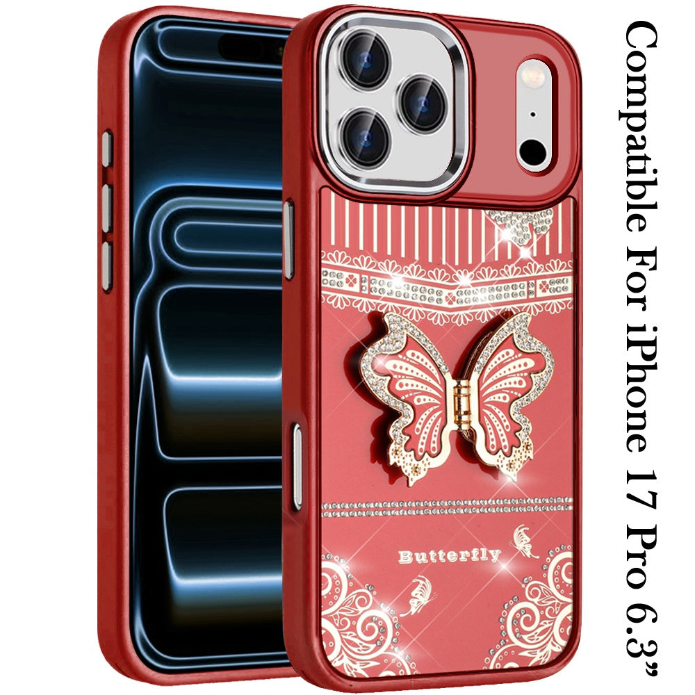 For Apple iPhone 17 Pro (6.3") Glitter 3D Butterfly Design Bling Metallic Edge Hybrid Stand Drop Protection TPU Shockproof Case Cover