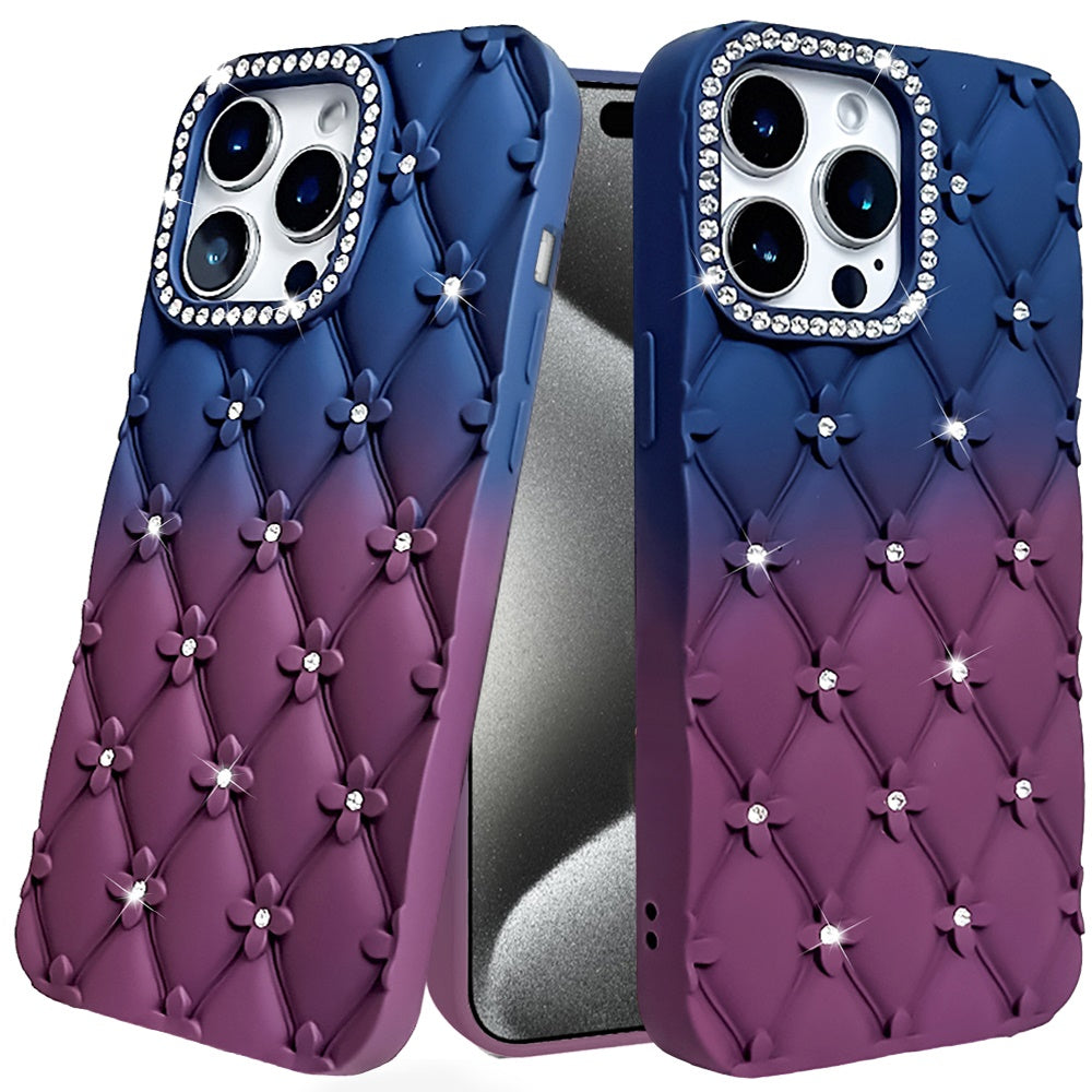 For Apple iPhone 15 Pro Max Fashion Flower Design Sparkle Glitter Shimmer Rhinestone Bling Floral Accents, Leather Texture TPU Case Cover