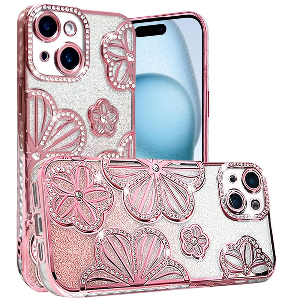 For Apple iPhone 16 Plus (6.7") Luxury Floral Design Sparkle Glitter Diamond Crystal Rhinestone Shimmer Bling Plating Thick TPU Hard PC Case Cover