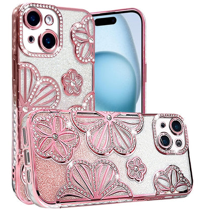 For Apple iPhone 16 Plus (6.7") Luxury Floral Design Sparkle Glitter Diamond Crystal Rhinestone Shimmer Bling Plating Thick TPU Hard PC Case Cover