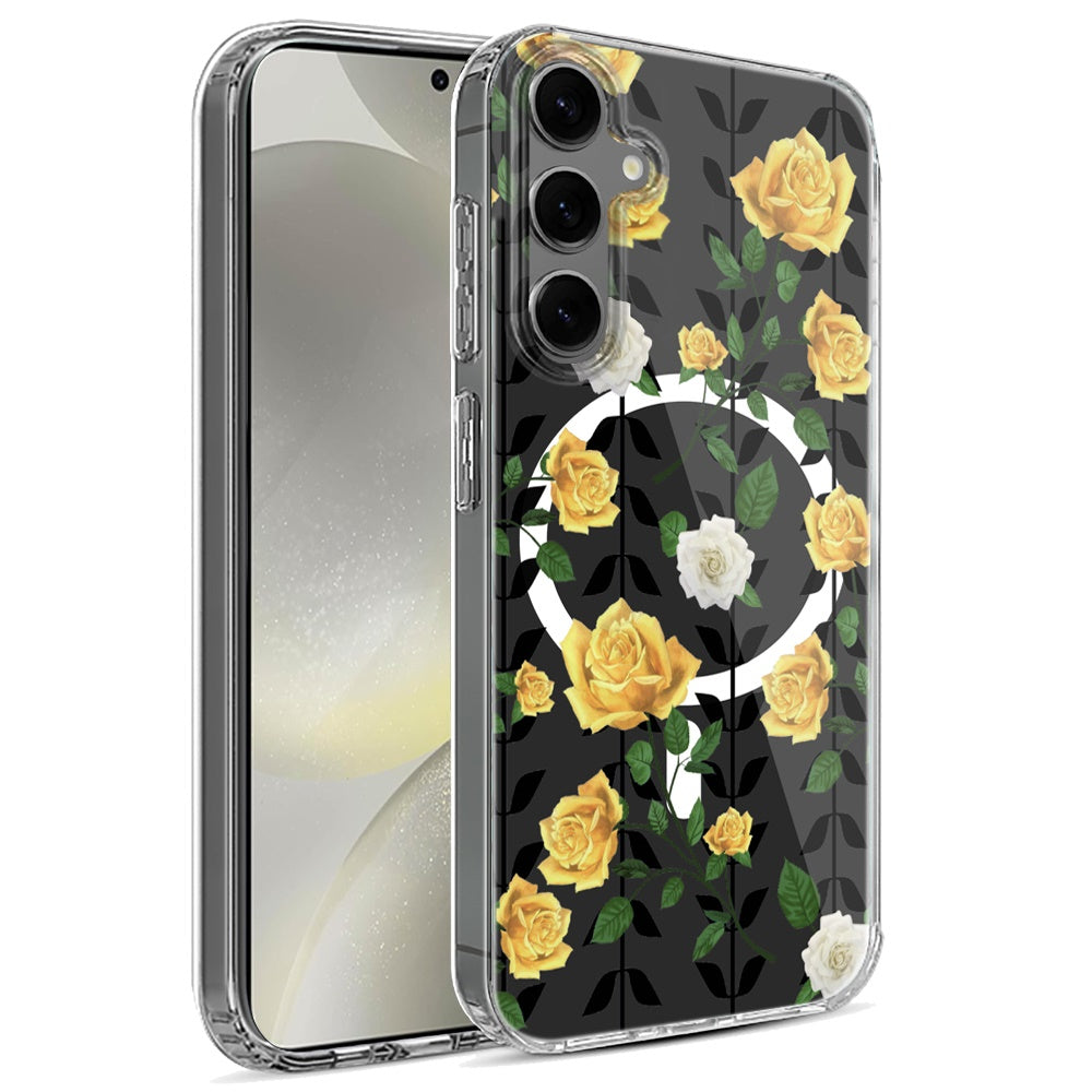 For Samsung Galaxy S25 /S24 Hybrid Flower Design Stylish Fashion Case, MagSafe Compatible, Thick Shockproof Hard PC Case Cover