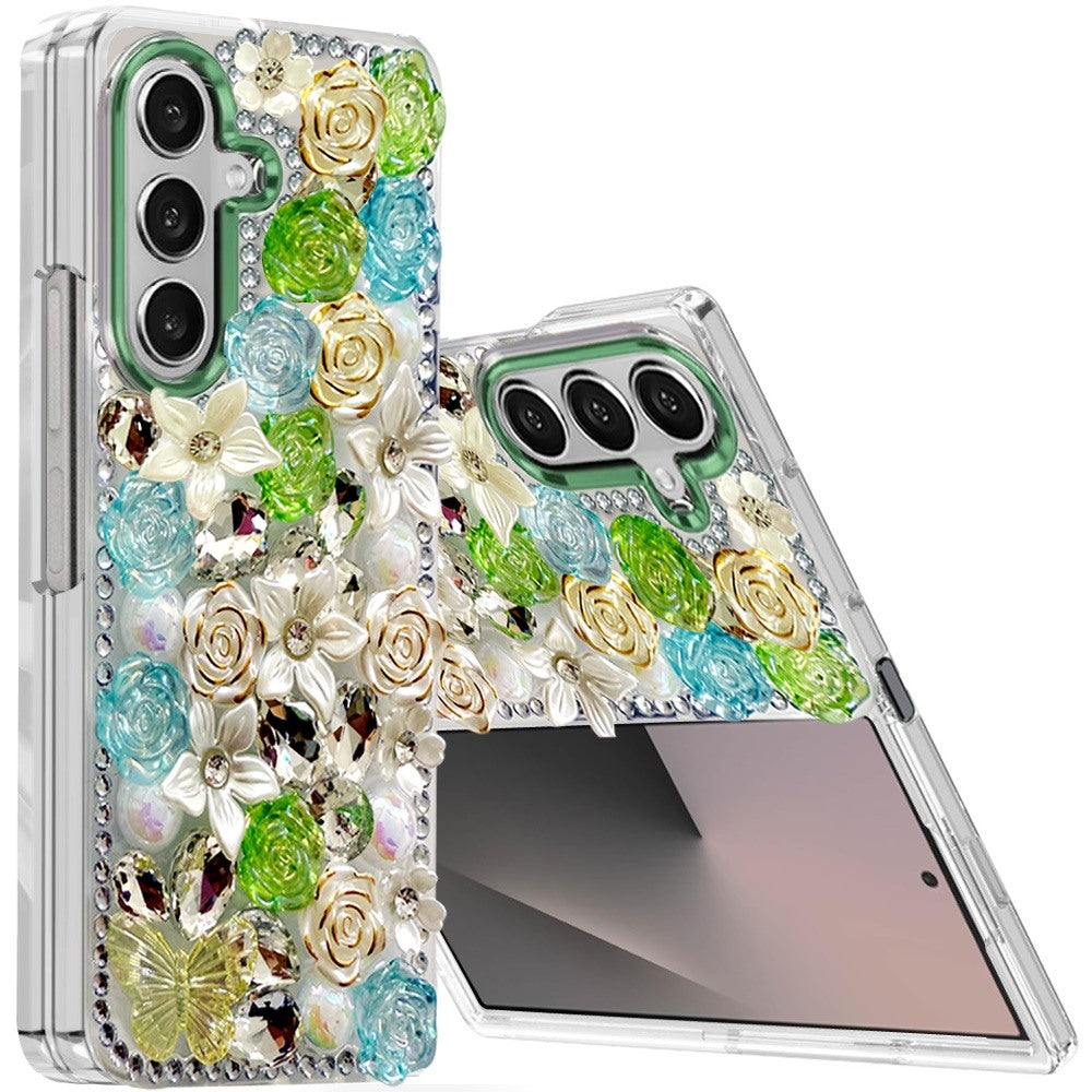 For Samsung Galaxy Z Fold 7 3D Diamond Floral Roses Flower Bling Stone Hybrid, Sparkly Rhinestone Gemstone Back Shockproof Case Cover