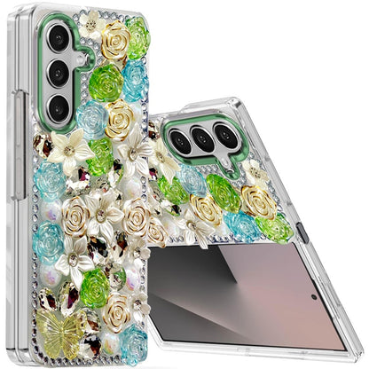For Samsung Galaxy Z Fold 7 3D Diamond Floral Roses Flower Bling Stone Hybrid, Sparkly Rhinestone Gemstone Back Shockproof Case Cover