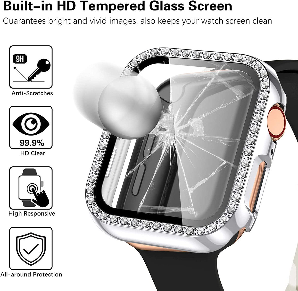 For Apple Watch Size 45mm Luxury Bling Cover Diamond Electroplate Rhinestone Bumper Protective Frame with Tempered Glass Screen Protector Case Cover Clear