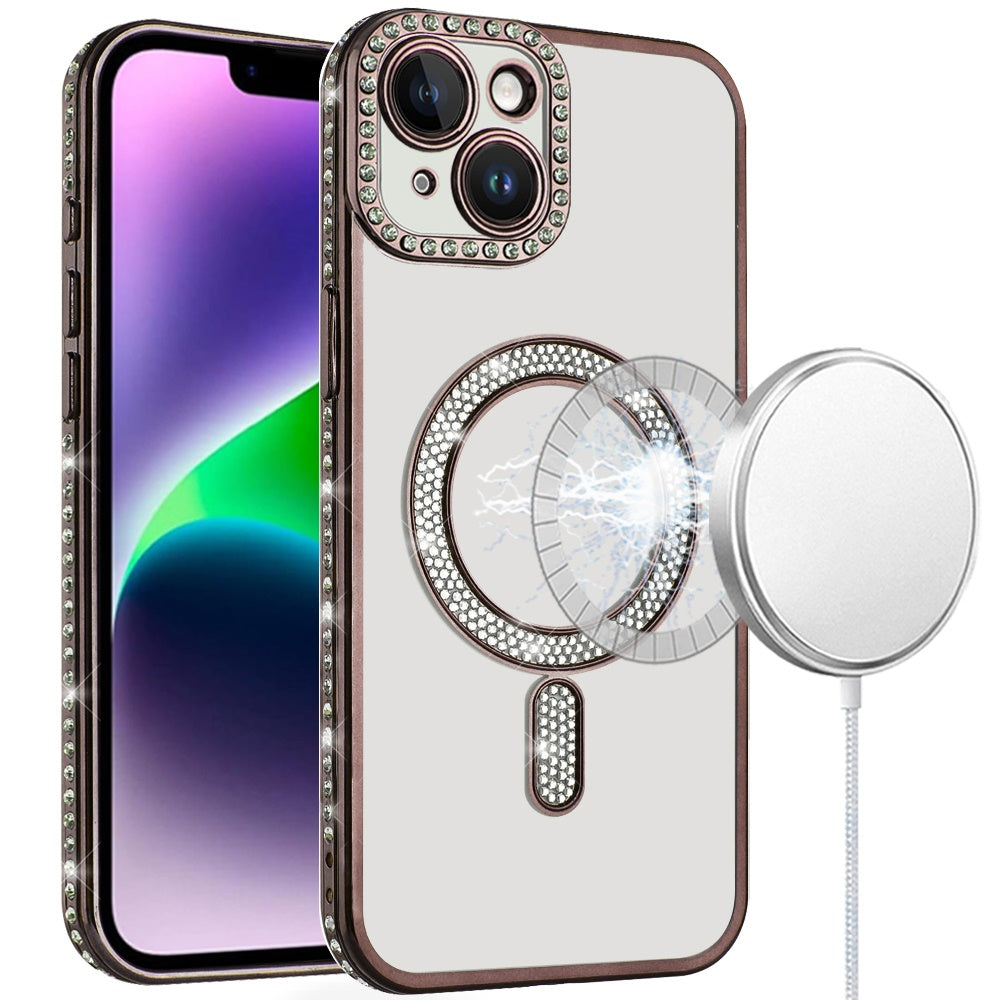 For Apple iPhone 14 Pro Max Bling Case with Diamond Magnetic Circle, Transparent Slim Shockproof Hybrid Slim Fit Case Cover