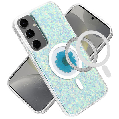 For Samsung Galaxy S24+ Plus MagSafe Compatible Glitter Flower Epoxy Hybrid Slim TPU Case, Magnetic Circle Design, Sparkly Bling Protective Case Cover Silver