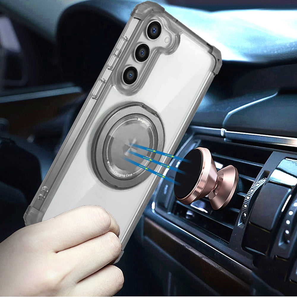 For Samsung Galaxy S22 Magnetic [Compatible with Magsafe] with 360° Rotatable Ring Holder Invisible Stand Transparent Case Cover Black