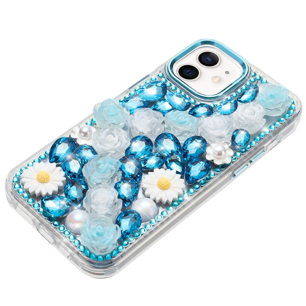 For Apple iPhone 12 /12 Pro Fashion Daisy Floral Series, Full 3D Bling Crystal Diamonds Sparkling Rhinestone Glitter Hybrid Design Case Cover