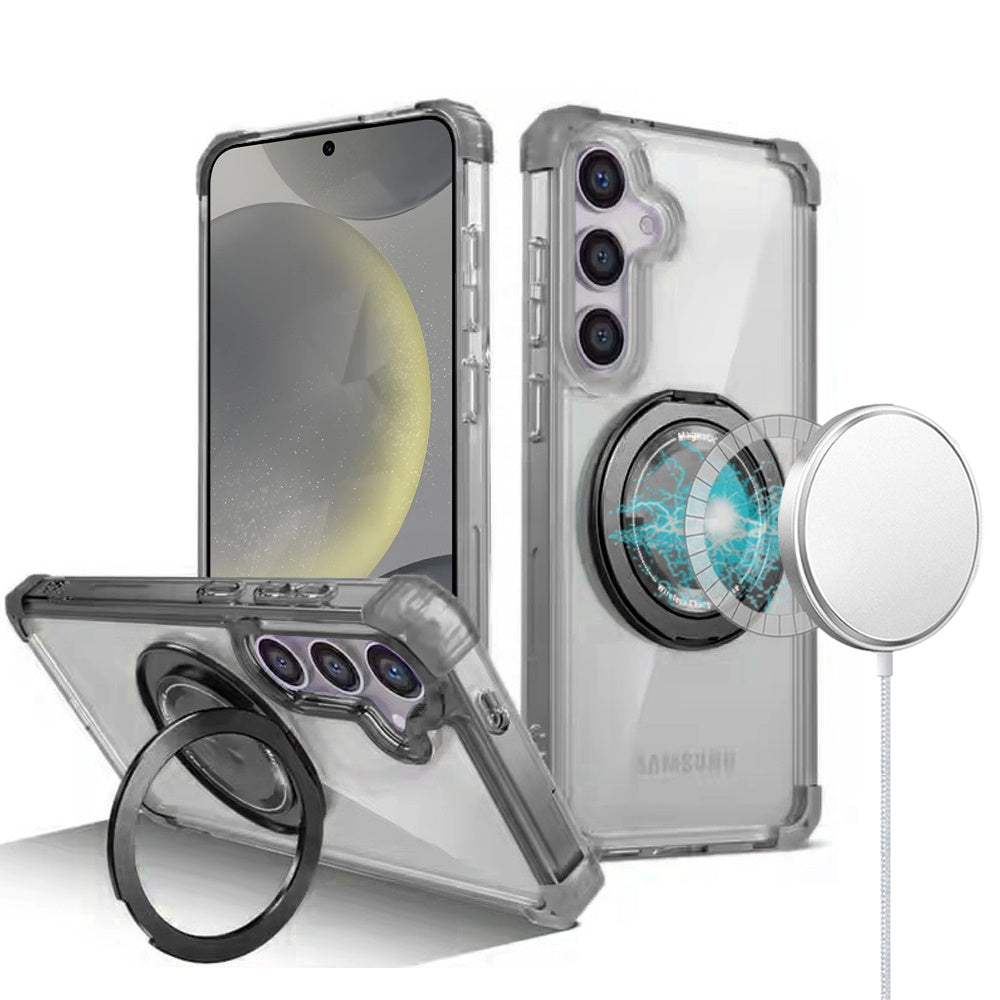 For Samsung Galaxy S25 /S24 Shield Magnetic Case [Compatible with MagSafe], 360° Rotatable Invisible Ring Stand, Transparent Back Case Cover