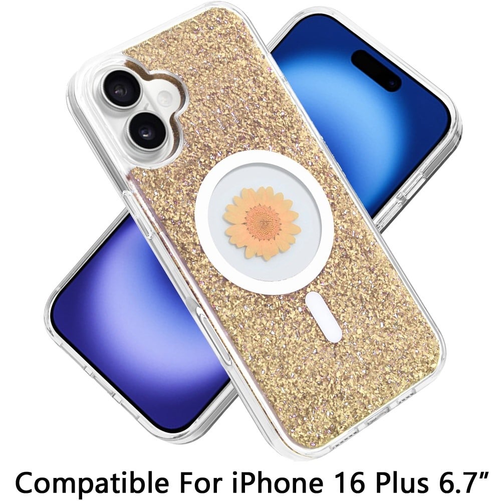 For Apple iPhone 16 Plus MagSafe Compatible Glitter Flower Epoxy Hybrid Slim TPU Case, Magnetic Circle Design, Sparkly Bling Protective Case Cover Gold