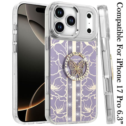 For Apple iPhone 17 Pro (6.3") Diamonds 3D Butterfly Floral Design Bling Sparkly Glitter Hybrid Metal Fashion with Ring Stand Case Cover