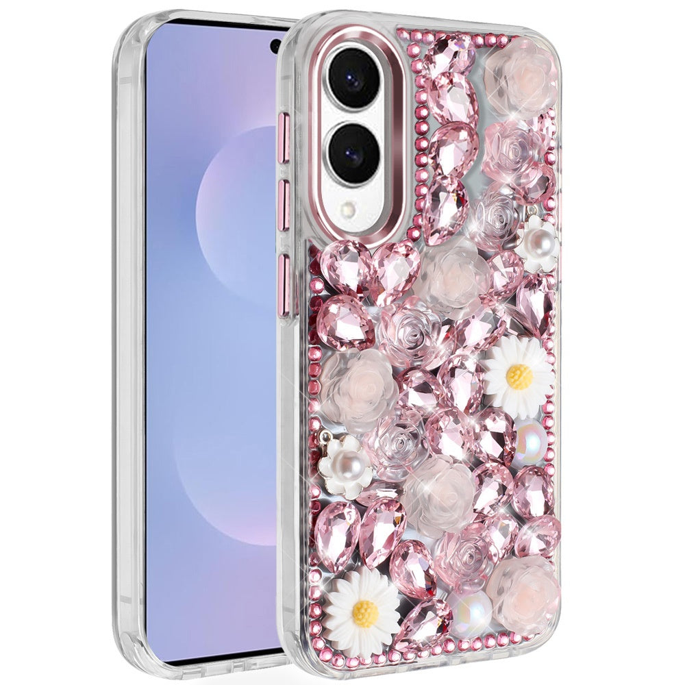 For Samsung Galaxy S25 Edge Fashion Daisy Floral Series, Full 3D Bling Crystal Diamonds Sparkling Rhinestone Glitter Hybrid Design Case Cover