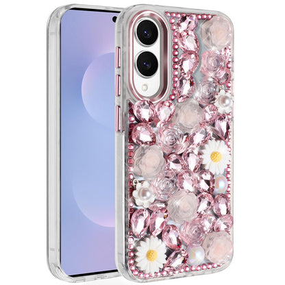 For Samsung Galaxy S25 Edge Fashion Daisy Floral Series, Full 3D Bling Crystal Diamonds Sparkling Rhinestone Glitter Hybrid Design Case Cover
