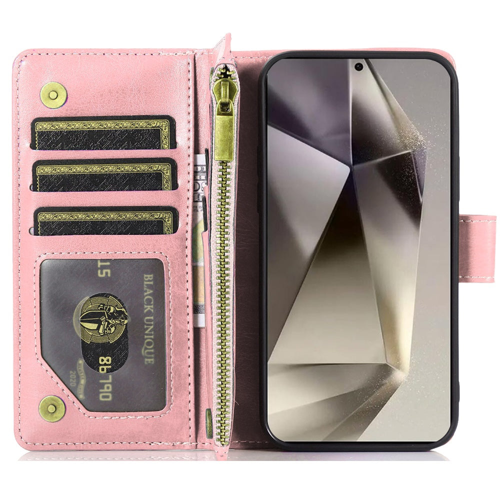 For Samsung Galaxy S25 /S24 Leather Wallet Case with Zipper, 9 Card Slots, Cash Pocket, Stand & Strap, Clutch Pouch Design Case Cover Rose Gold
