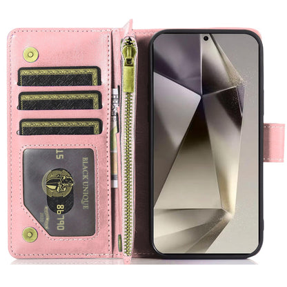 For Samsung Galaxy S25 /S24 Leather Wallet Case with Zipper, 9 Card Slots, Cash Pocket, Stand & Strap, Clutch Pouch Design Case Cover Rose Gold