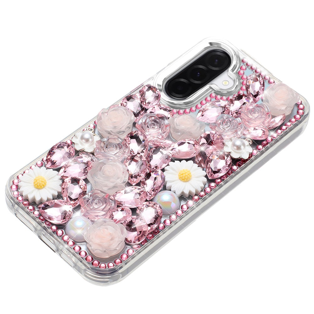 For Samsung Galaxy A57 Fashion Daisy Floral Series, Full 3D Bling Crystal Diamonds Sparkling Rhinestone Glitter Hybrid Design Case Cover