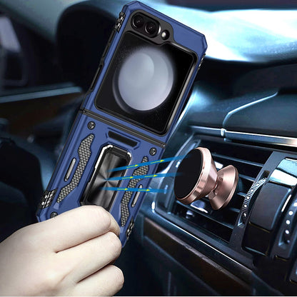 For Samsung Galaxy Z Flip 7 FE Tough Hybrid Case with Movable Camera Window & Metal Ring Stand Shockproof Case Cover Blue
