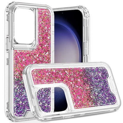 For Samsung Galaxy S23 Ultra Epoxy Bling Glitter Sparkly 3-in-1 Transparent Hybrid Full-Body Shockproof PC Bumper Case Cover Hot Pink+Purple