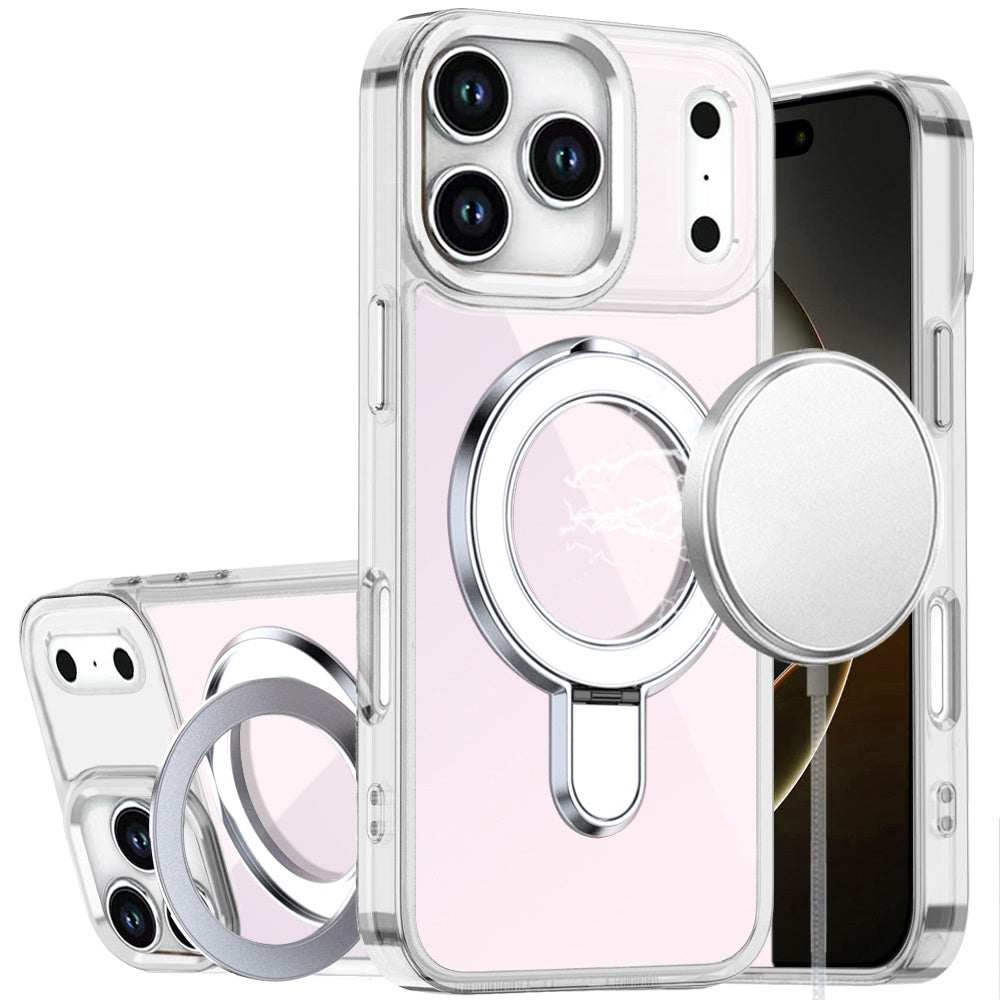 For Apple iPhone 17 Pro Max Chrome Hybrid with Rotating Magnetic Circle Ring Stand, Slim Shockproof Hybrid Case Cover