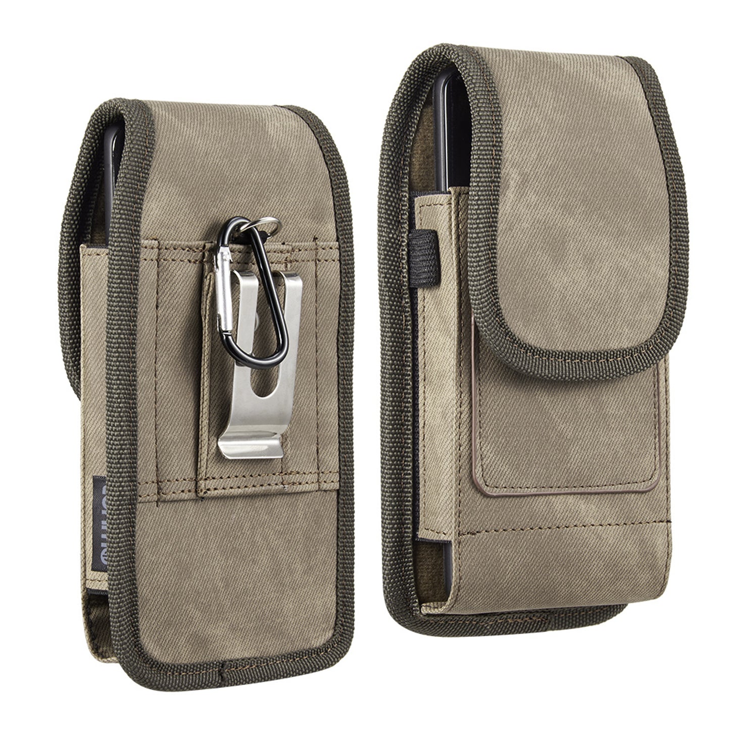 For Apple iPhone 16 Pro (6.3") Universal Vertical Fabric Case Holster with 2 Card Slots, Pen Holder, Belt Clip Loop & Hook Carrying Phone Pouch [Brown]