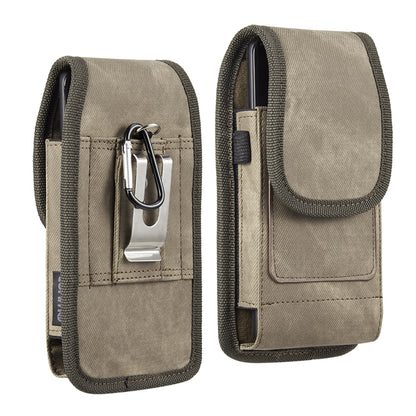 For Apple iPhone 16 Pro (6.3") Universal Vertical Fabric Case Holster with 2 Card Slots, Pen Holder, Belt Clip Loop & Hook Carrying Phone Pouch [Brown]