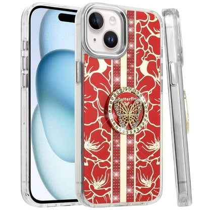 For Apple iPhone 15 Diamonds 3D Butterfly Floral Design Bling Sparkly Glitter Hybrid Metal Fashion with Ring Stand Case Cover