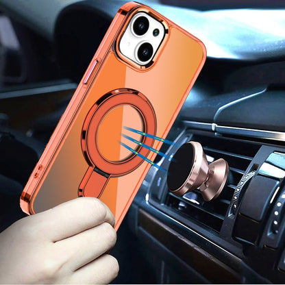 For iPhone 14/13 (6.1") Chrome Hybrid with Rotating Magnetic Circle Ring Stand, Slim Shockproof Hybrid Case Cover Cosmic Orange