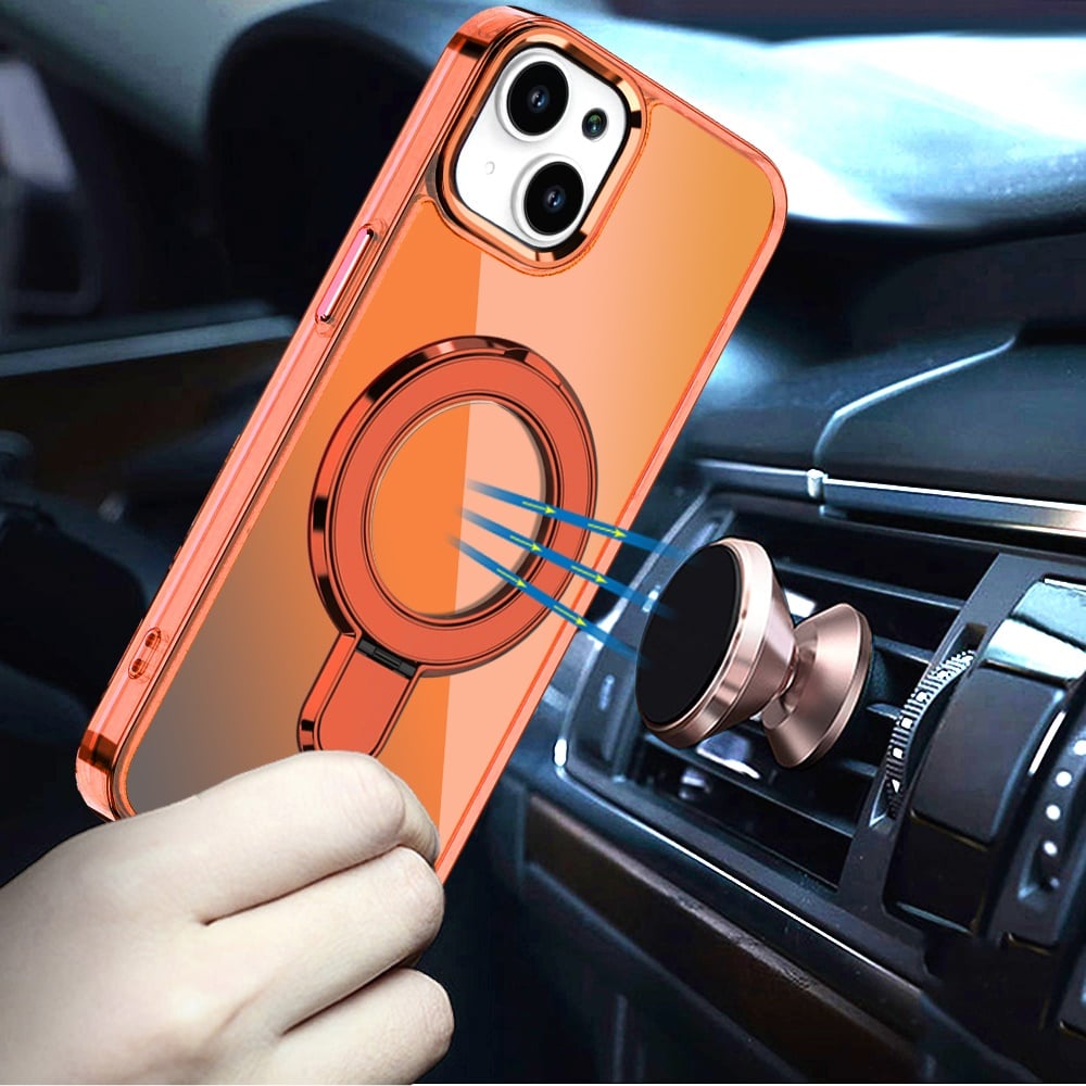 For iPhone 12 / iPhone 12 Pro (6.1") Chrome Hybrid with Rotating Magnetic Circle Ring Stand, Slim Shockproof Hybrid Case Cover Cosmic Orange