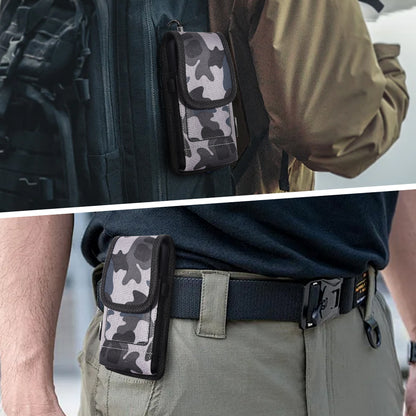 For Apple iPhone 16 Pro (6.3") Universal Pouch Case Vertical Phone Holster Camo Print with Card Slots, Pen Holder, Belt Clip Loop & Hook Cover [Grey Blue Camouflage]