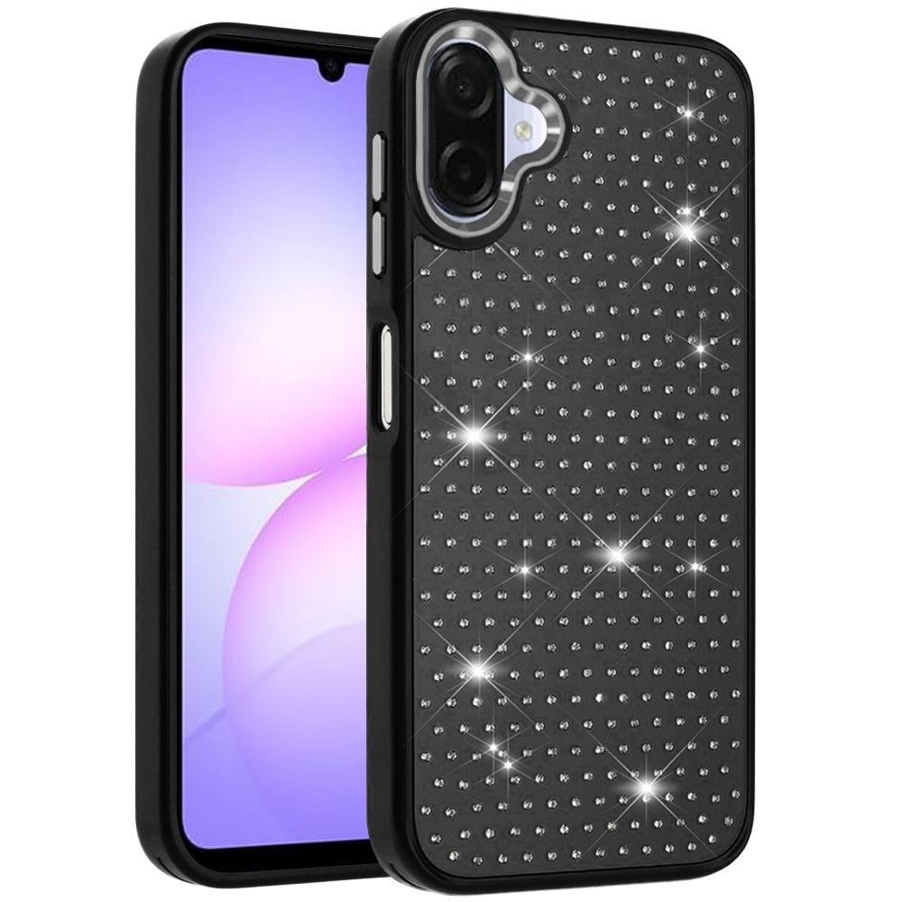 For Samsung Galaxy A07 Bling Diamond Metallic, Full Sparkle Chrome Edged Hybrid Protective Shockproof Case Cover Black