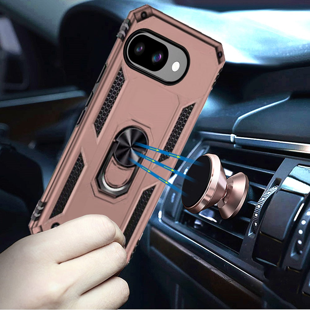 For Google Pixel 9A Hybrid Shockproof Durable 360 Degree Rotatable Ring Stand Holder Kickstand Fit Magnetic Car Mount Case Cover Silver