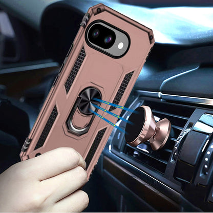 For Google Pixel 9A Hybrid Shockproof Durable 360 Degree Rotatable Ring Stand Holder Kickstand Fit Magnetic Car Mount Case Cover Silver