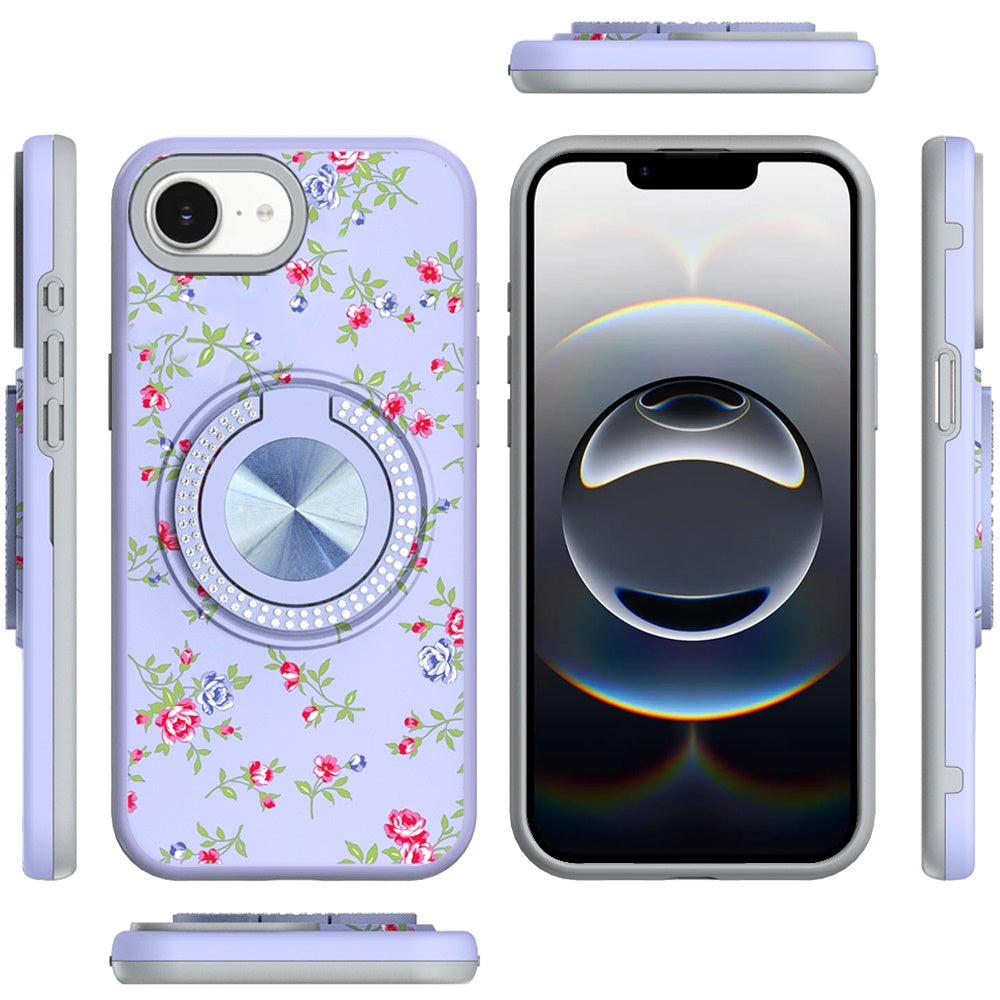 For Apple iPhone 17E /16E Pattern Design Hybrid with Invisible Ring Stand & Magnetic Back, Shockproof Protective Grip Case Cover