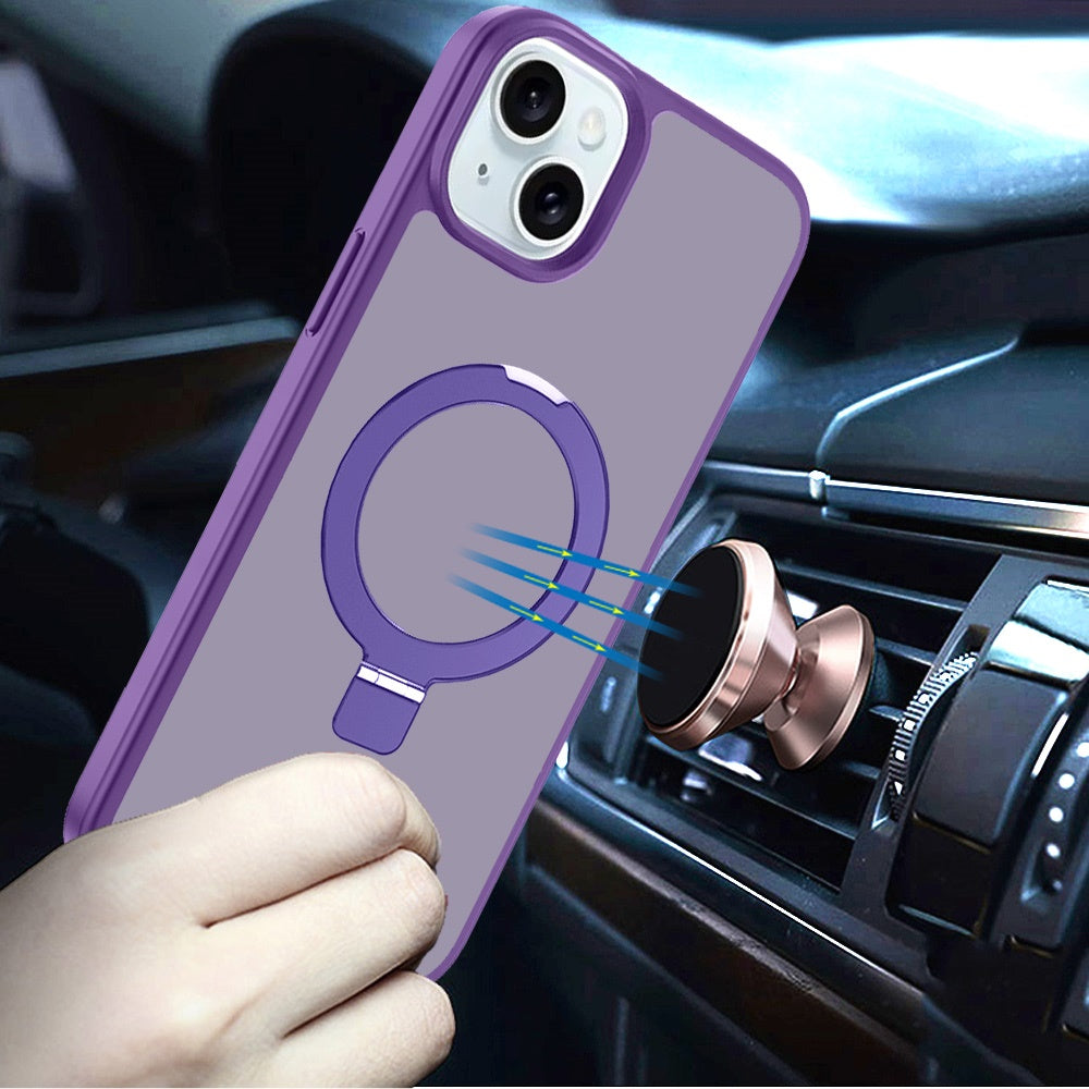 For iPhone 15 (6.1") Magnetic Circle Back with Ring Stand Full Rotation Matte Hybrid Shockproof Case Cover Cosmic Orange