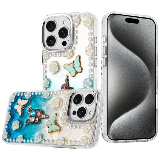 For Apple iPhone 16 Pro Max Bling Fashion Design with 3D Pearls Epoxy Glitter Ornaments Chrome Edge Hard Slim PC Case Cover