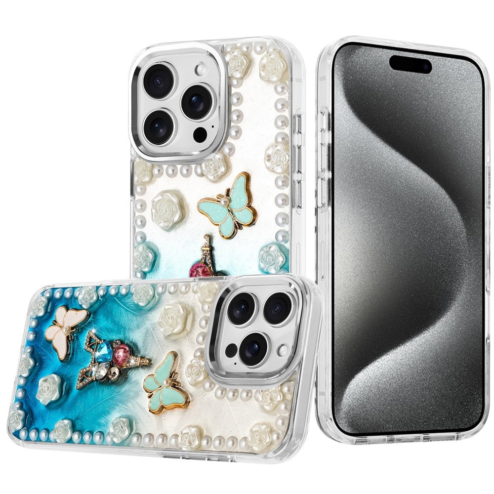 For Apple iPhone 15 Pro Max Bling Fashion Design with 3D Pearls Epoxy Glitter Ornaments Chrome Edge Hard Slim PC Case Cover